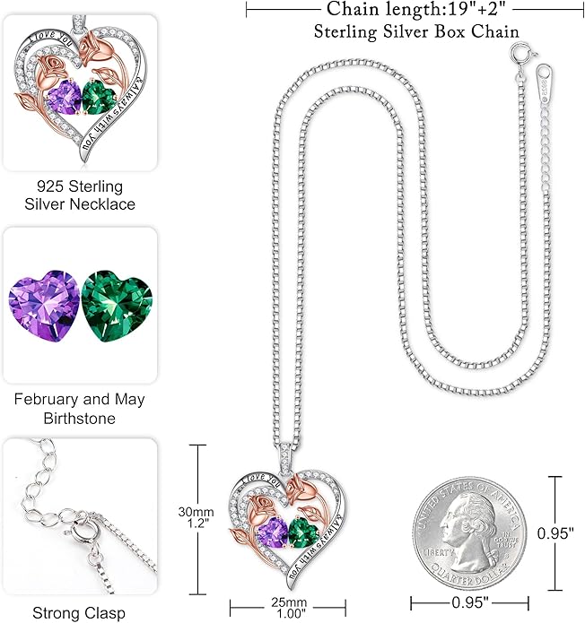 Iefil Valentines Day Gifts for Her - 925 Sterling Silver Rose Heart Birthstone Necklace Birthday Anniversary Jewelry Gifts for Her Wife Mom Daughter