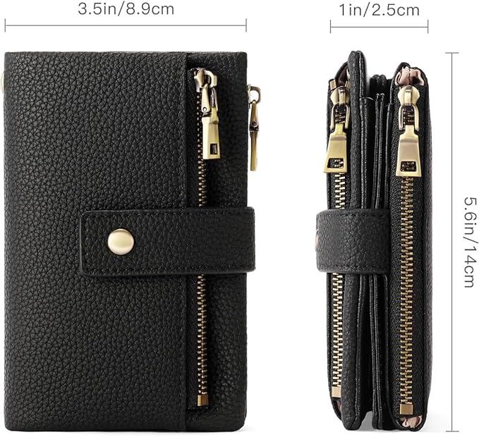 Practical Genuine Leather Wristlet Wallet for Women with Double Zipper Coin Purse and Card Organization (Black)