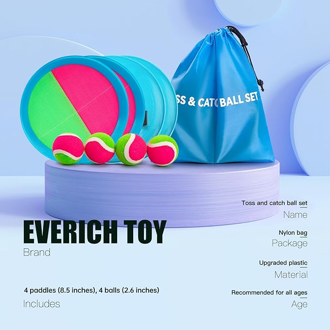 EVERICH TOY Upgraded Toss and Catch Ball Game Set, Kids Toy Stocking Stuffers for Boys Girls Ages 3-12, Includes 4 Paddles 4 Sticky Balls, Water-Resistant Indoor Outdoor Toy for Beach Pool Yard