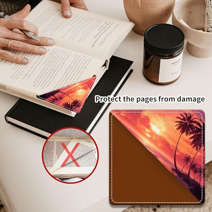 Cute Leather Bookmarks, Fun Triangle Making Corner Bookmark, Book Accessories for Reading Book Lovers, Unbreakable Page Markers for Women Men Beautiful Sunset