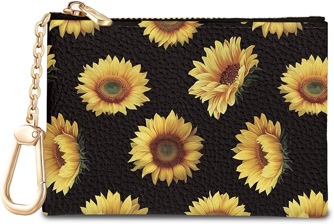 Sunflower Keychain Coin Purse for Women, Small PU Leather Change Pouch, Zipper Little Tiny Travel Wallet for Girls, Cute Kawaii Zip Pocket Coin Holder with Key Ring
