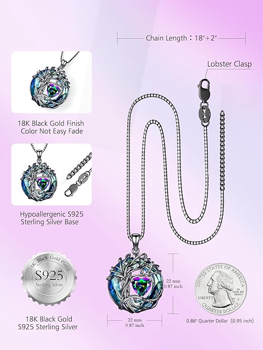 TOUPOP Tree of Life Birthstone Necklace 925 Sterling Silver Pendant Austrian Crystal Jewelry Anniversary Valentine's Day Birthday Gifts for Women Mom Her Wife