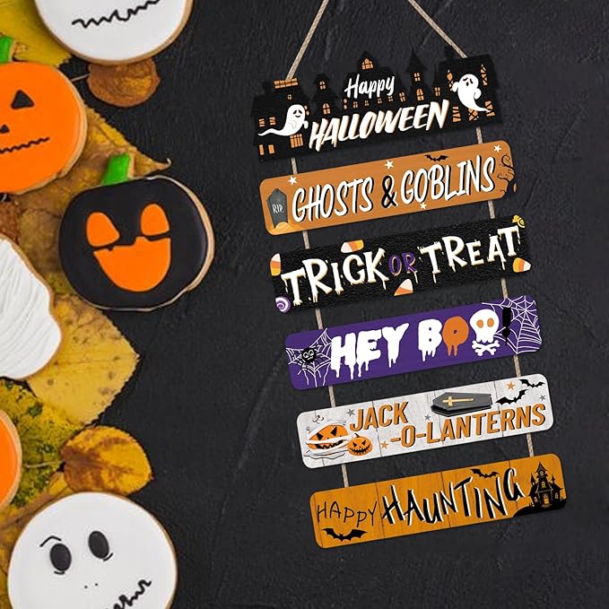 CHDITB Happy Halloween Wooden Sign, Spooky Ghosts Goblins Wood Hanging Plaque, Halloween Front Door Sign, Festive Wall Art Sign Hanger, Seasonal Holiday Wall Decor for Outdoor Porch Yard Party Decor