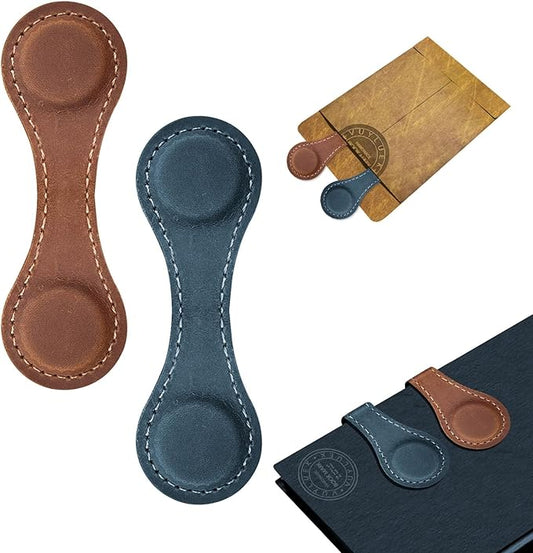 2PCS Magnetic Leather Bookmarks, Best Vintage Book Page Markers Clips Gift for Reading Men Women Teachers Book Lovers, Handmade Real Leather Magnetic Book Marks Set of 2 (Earth Brown+Prussian Blue)