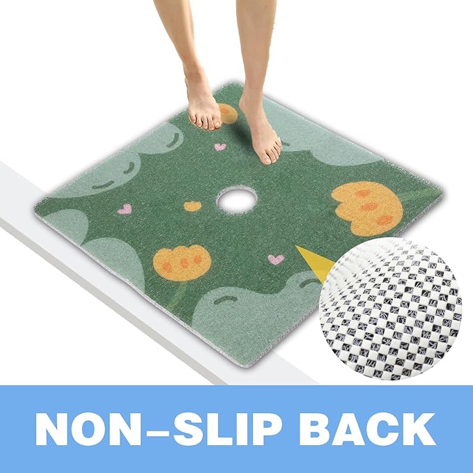 Square Shower Mat 23x23 Inch Non-Slip with Drain Hole, Shower Floor Mats for Bathroom, PVC Loofah Stall Mat, Secure Boho Bath Mats