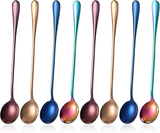 8 Pieces Long Handle Tea Spoon Stainless Steel Coffee Mixing Spoons Teaspoon for Mixing, Cocktail Stirring, Coffee, Milkshake, Cold Drink, 7.48 Inch (Round Style)