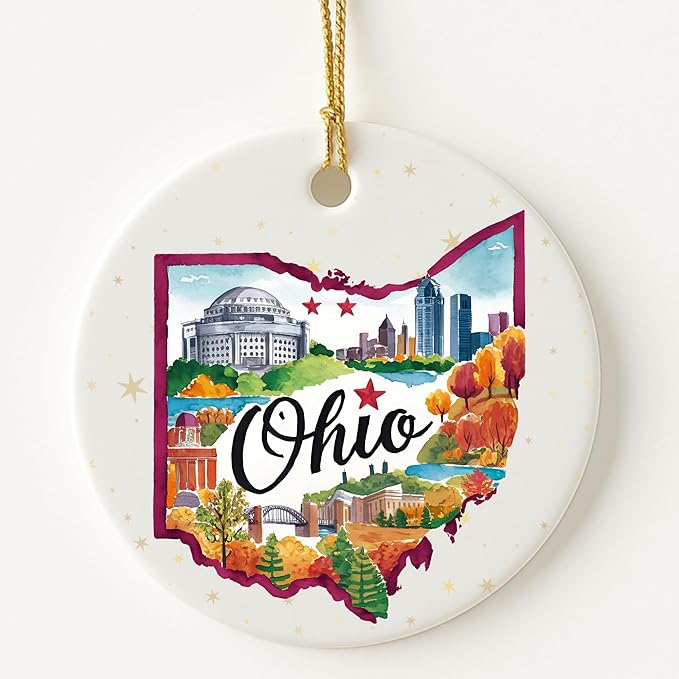 USA State Landmark Ceramic Ornament – Round Glossy Christmas Decoration Featuring U.S. State Art, Landmarks & Holiday Scenery – Collectible Travel Souvenir Ornament Series (Ohio)