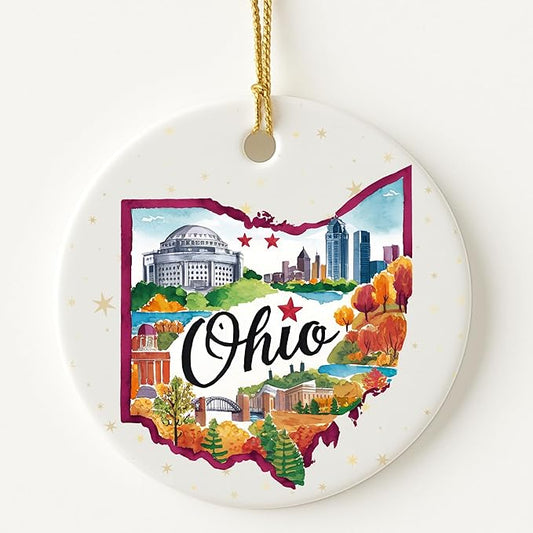 USA State Landmark Ceramic Ornament – Round Glossy Christmas Decoration Featuring U.S. State Art, Landmarks & Holiday Scenery – Collectible Travel Souvenir Ornament Series (Ohio)