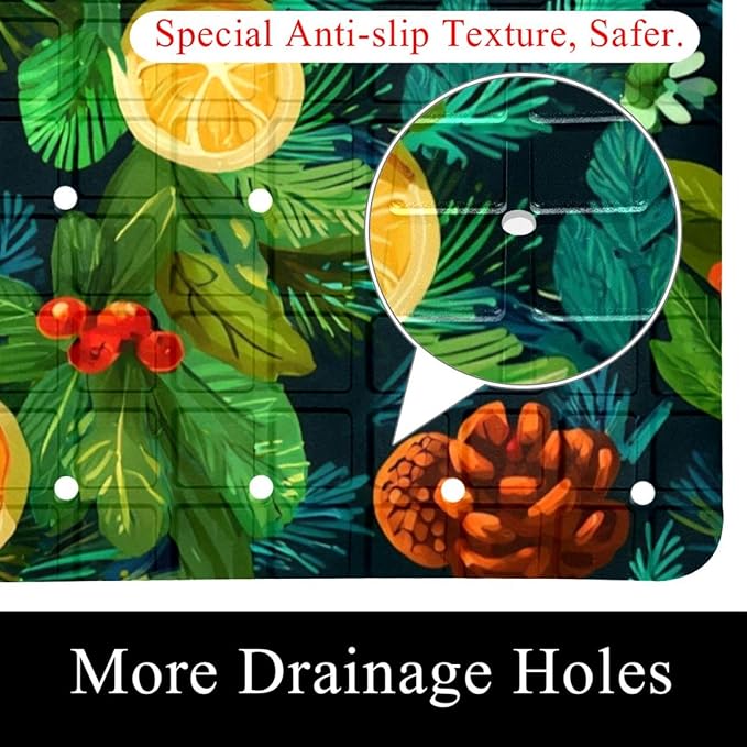 Non Slip Bath Mat for Tub, 15.1 x 26.8 Inch Bathtub Mat Machine Washable Shower Mat with Drain Holes and Suction Cups, Christmas Wreath New Year Pattern