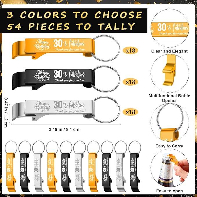 Dandat 54 Sets 30th Birthday Party Favors for Guests Birthday Beer Opener Keychain Cheers to 30 Bottle Opener Keychain with Thank You Cards and Gift Bags for Anniversary Wedding Party Favors