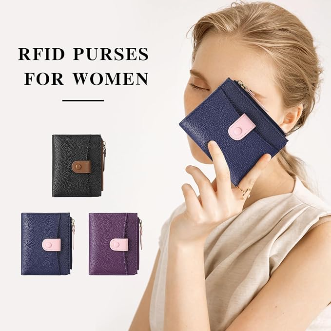 SENDEFN Small Wallet Women Leather RFID Blocking Bifold Zipper Pocket Card Holder with ID Window