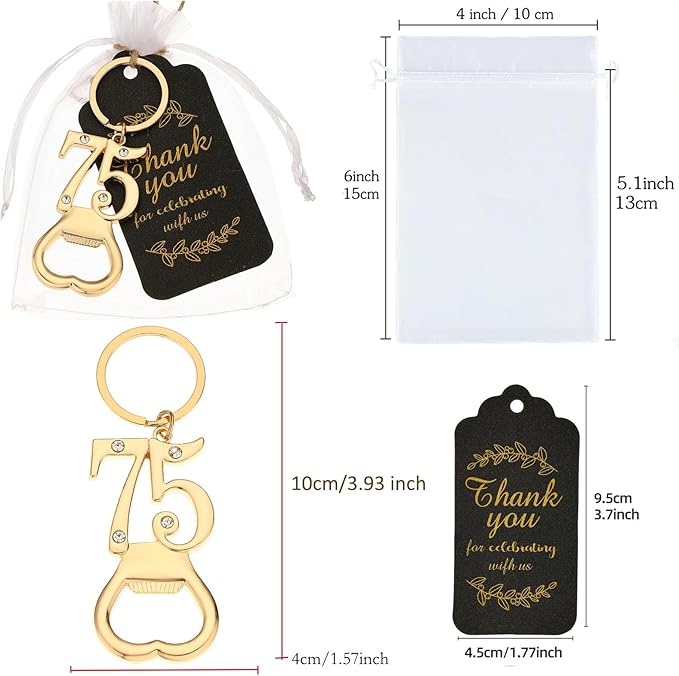 24 pcs 75th Gold Keychain Bottle Opener Birthday Party Favors for Guests,75th Beer Bottle Opener Favors Bulk for Birthday Anniversary Souvenirs Party Decor Supplies (Gold 75th)