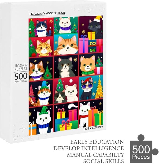 Wooden Puzzle 500 Pieces Adult - Christmas Dog Cat Puzzle Christmas Puzzles, Holiday Puzzles, Family Toys, Party Games, Jigsaw Puzzle Challenge and Funny