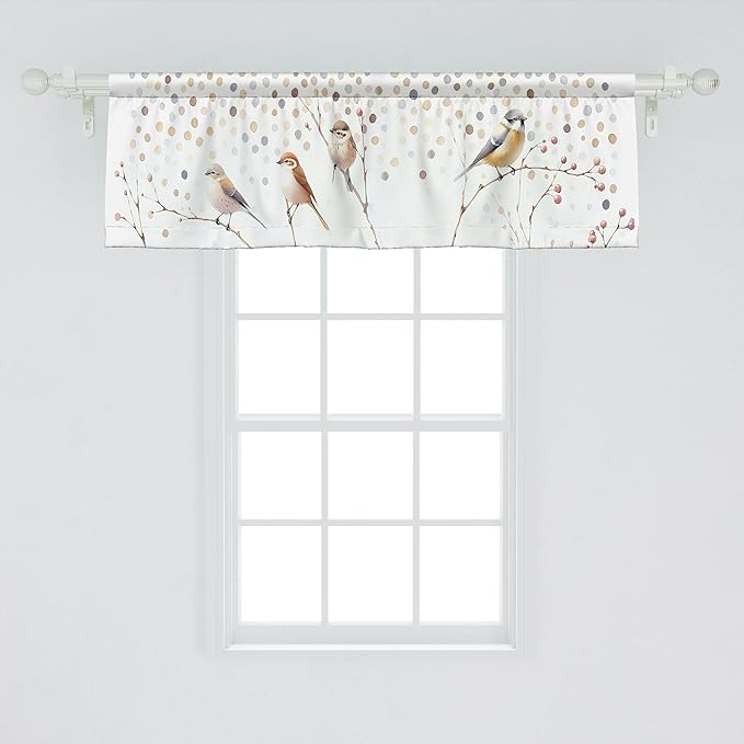 Ambesonne Birds and Nature Window Valance Pack of 2, Aquarelle Look Wingy Animals on Branches Polka Dot Back Fall, Rod Pocket Curtain Valances Kitchen Bedroom, 42" X 18",Pastel Brown Purpleblue