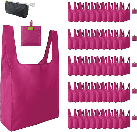 BeeGreen Cerise Reusable Grocery Bags Wholesale Reusable Kitchen Bags Bulk Foldable-Machine Washable with Zipper Storage Pouch 50 Packs