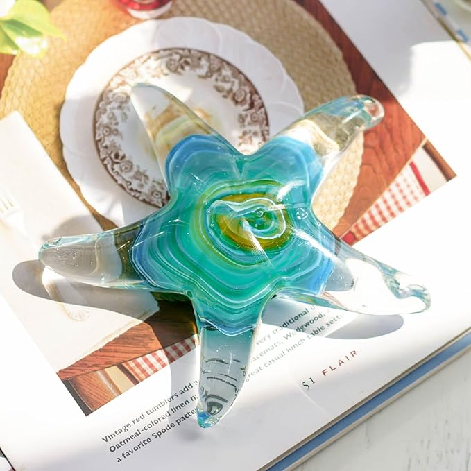 QFkris 5" Glass Star Fish, Crystal Handmade Glass Blown Table Decor, Starfish Figurine, Collectible Ornament,Clear and Green for Women