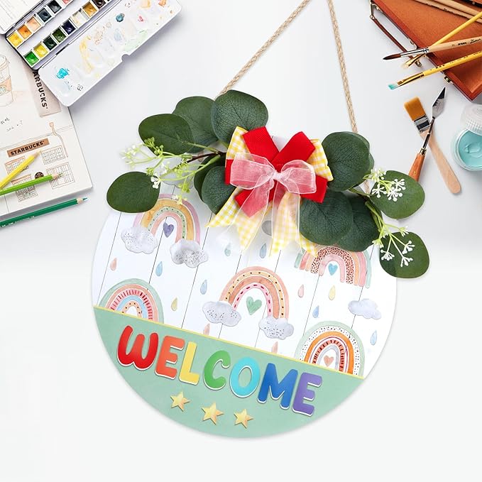 CHDITB Rainbow Welcome Sign, Wreath Wood Hanging Plaque, Welcome Door Sign, Raindrop Wreath Round Wall Art Sign Hanger Classroom Wall Decor for Nursery Kid Room Playroom Decor-14.9x14.9 inch
