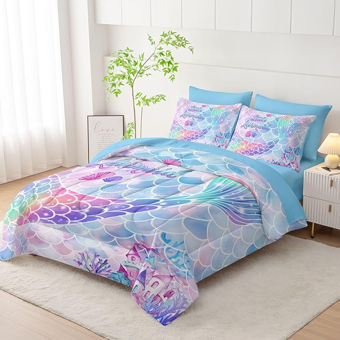 7Pcs Comforter Set Rainbow Mermaid Tail Printed Bedding Set with 1 Comforter, 1 Flat Sheet, 1 Fitted Sheet and 4 Pillowcases for Girls Bedroom All Season(Mermaid-3 Queen)