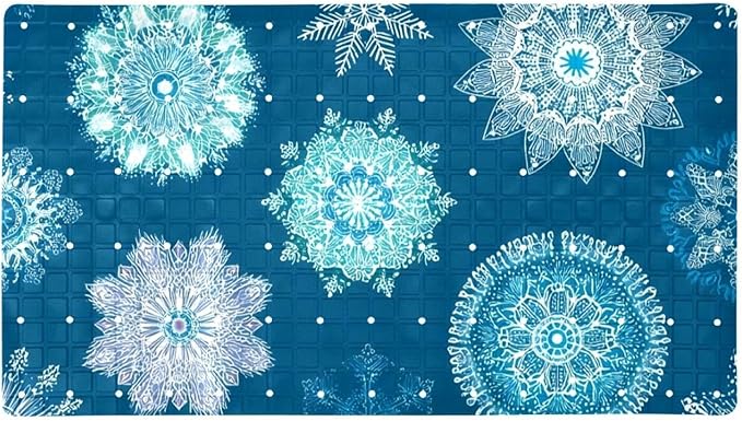Seamless Christmas Blue Snowflakes Bath Tub and Shower Mats, Non Slip Bathmat with Drain Holes and Suction Cups for Bathroom Floor, 15.1 x 26.8 Inch