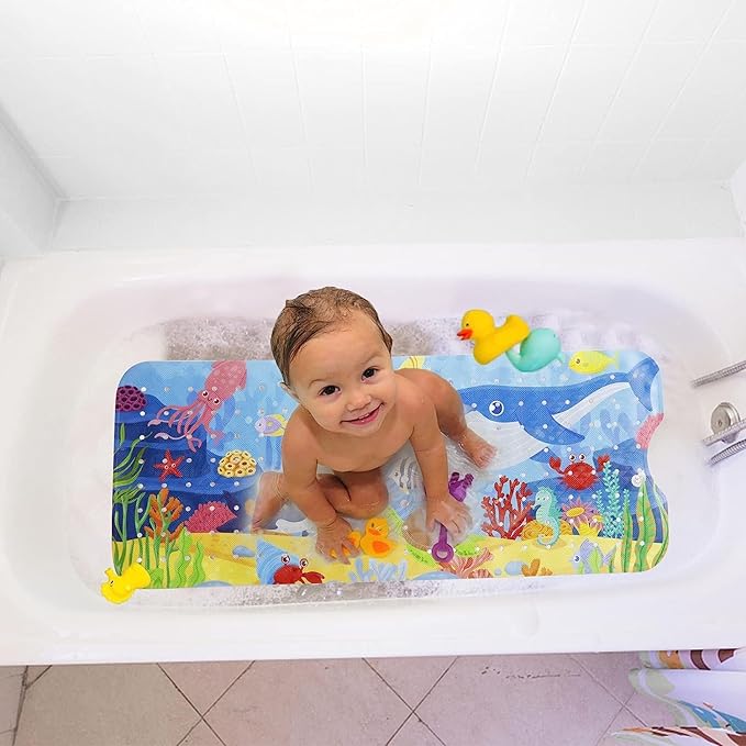 Baby Bath Mat for Tub for Kids, 40 X 16 Inch Extra Long Kids Bathtub Mat Non Slip, Cartoon Bath Tub Shower Mat Anti Slip with Drain Holes and Suction Cups Machine Washable (Whale + Dolphin, 40*16in)