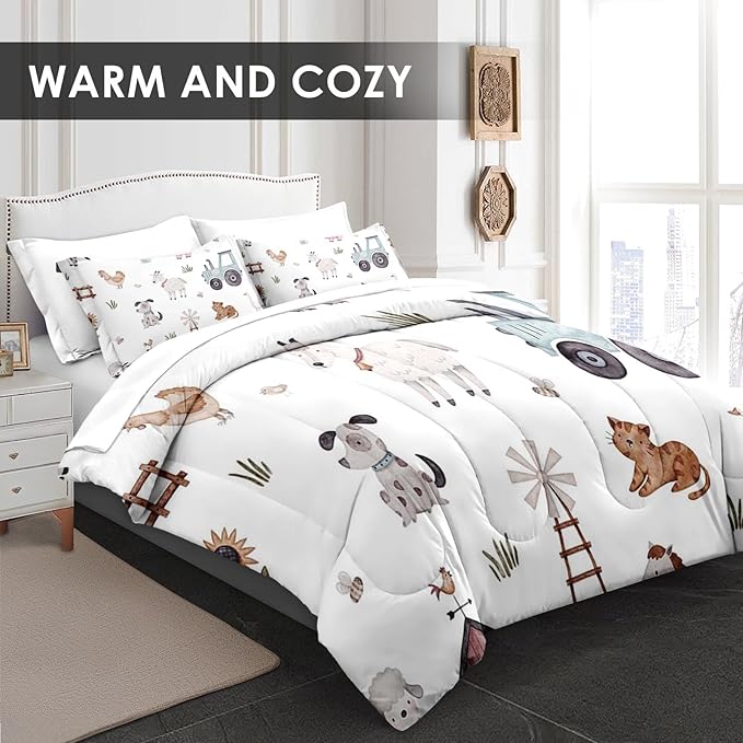 Comforter Set King Size, Farm Animal Cow 7 Pcs Bedding for Kids and Adults, Autumn Cute Tractor Bed Sheet Sets with Fitted Sheet 2 Pillowcases & 2 Shams for Bedroom Bed Decor