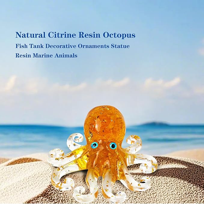 Natural Crystal Gravel Octopus Resin Marine Animals Fish Tank Decorative Ornaments Octopus Statue Healing Crystal Home Decor Ladies Gift 3.93" (Yellow, 3.93")
