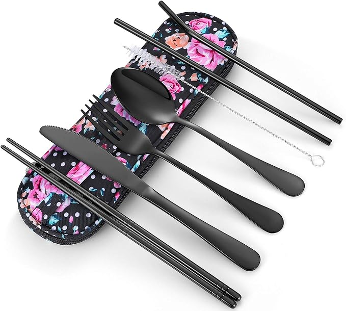 Travel Utensils,Reusable Silverware Set To Go Portable Cutlery Set with a Waterproof Carrying Case for Lunch Boxes Workplace Camping Picnic (Black)