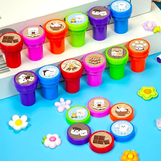 Cinrobiye 24 Pcs Marshmallow Stampers，Cute Smore Camper Party Self-Inking Stamps for Adventure Camping Birthday Party Favors Goodie Bags Crafts Supplies School Rewards Holiday Activities