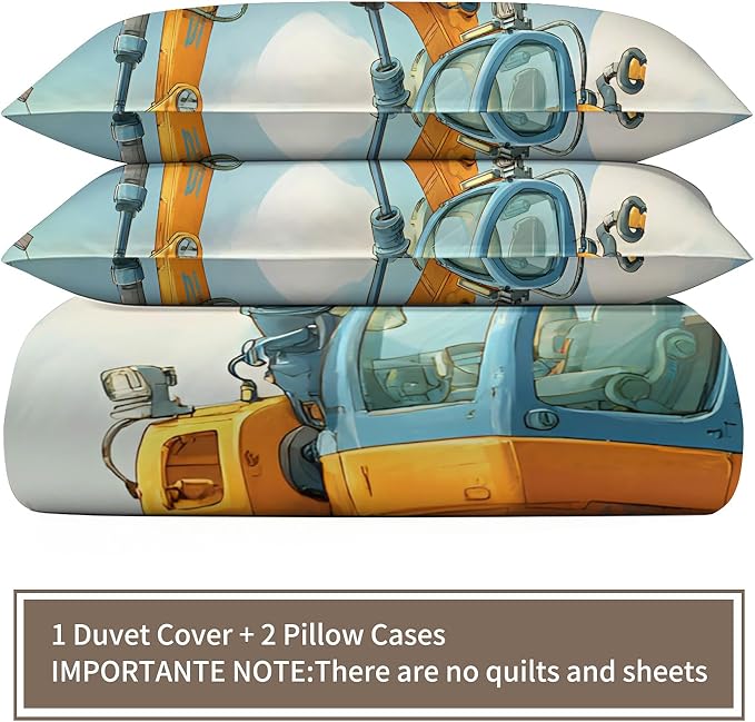 Cartoon Excavator Bedding Set Queen Size Kids Construction Vehicle Duvet Cover Engineering Vehicle Comforter Cover Construction Machinery Bed Set Soft Microfiber for Bedroom