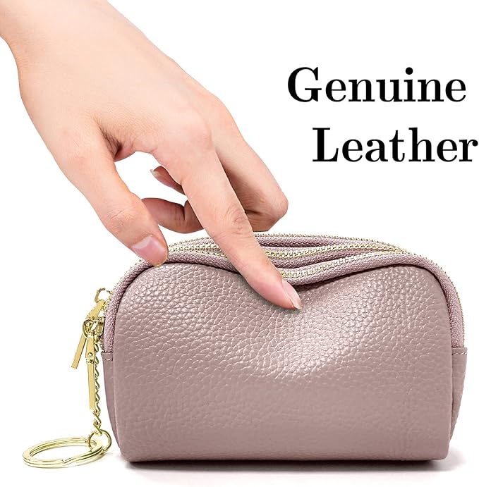 LINNO 3 Zippered Genuine Leather Coin Purse Triple Capacity Change Pouch Little Travel Wallet With Key Ring for Women