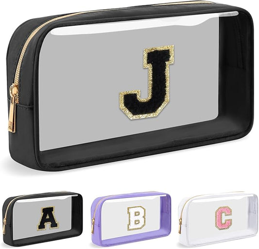 Personalized Initial Letter Clear Makeup Bag,Preppy Small Nylon&PVC Cosmetic Zipper Bag with Chenille Letter,Travel Skincare Toiletry Bag,Monogram Christmas Gift for Teen Girls Women,J