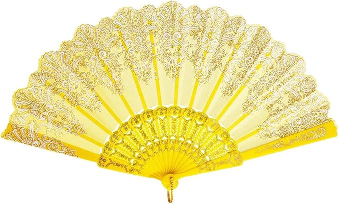 QIRMIZI 30 Pack Folding Handheld Fans, Silk Spanish Fan, Perfect for Weddings, Parties, and Dancing,Yellow