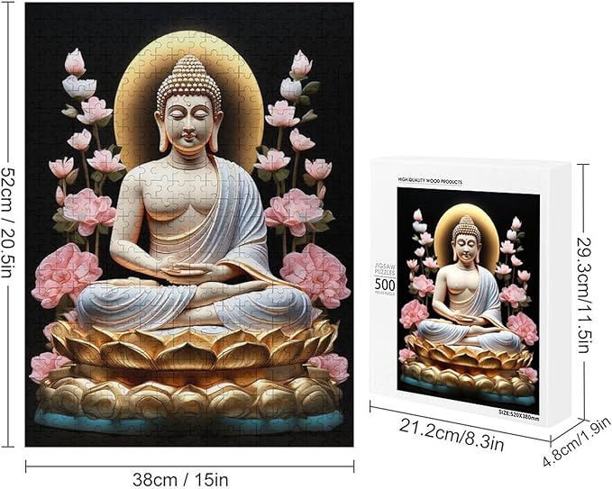 Buddha in A Golden Lotus Flower Wooden Puzzle 500 Pieces Jigsaw Puzzles for Adults Puzzle Educational Toys Challenging Fun Games Gifts for Elders Kids Family and Friends