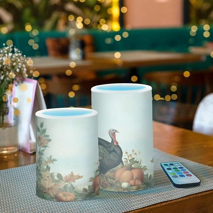 ALAZA Thanksgiving Turkey Pumpkin Fall Autumn1 Flickering Flameless Candles Battery Operated with Remote Timer,Tea Light Candles LED Pillar Votive Candles Set of 2 for Outdoor Indoor Decorations