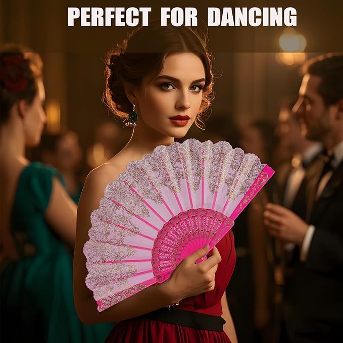 QIRMIZI 10 Pack Folding Handheld Fans,Silk Spanish Fan, Perfect for Weddings, Parties, and Dancing,Pink