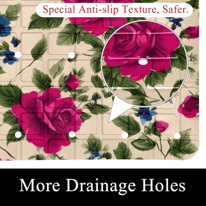 Small Cute Flowers on Beige Baskground Bath Tub and Shower Mats, Non Slip Bathmat with Drain Holes and Suction Cups for Bathroom Floor, 15.1 x 26.8 Inch
