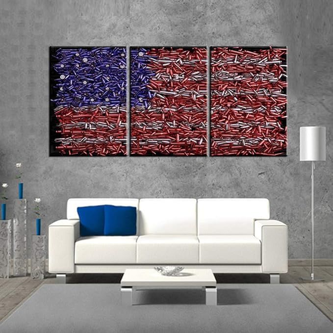 Native United States Paintings USA Flag Formed Out of Bullets Picture 3 Piece Canvas Wall Art for Living Room Home Decor Giclee Contemporary Print Artwork Framed Stretched Ready to Hang(60''Wx28''H)