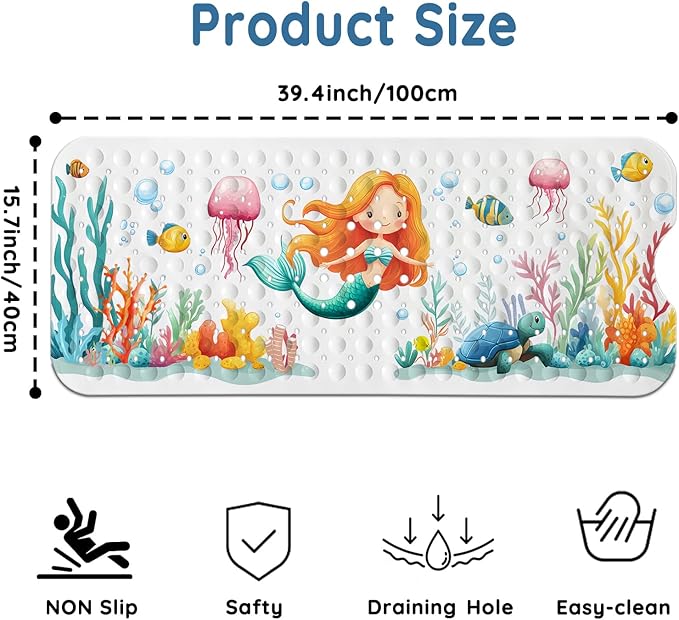 LNOND Bath Mat for Tub for Kids, Toddler Bathtub mat Non Slip, Sea Mermaids Kids Bath Mats for Bathroom Non Slip with Drain Holes and Suction Cups,Machine Washable (40 X 16 Inch)