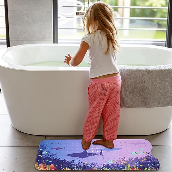 Blue Sea Bathtub Mat Non Slip for Kids 40x16in Extra Long Shark Ocean Whale Tropical Fish Anti Slip Shower Mat for Bathroom with Large Drain Holes and Suction Cups Quality Bath Mats and Bathtub Decor