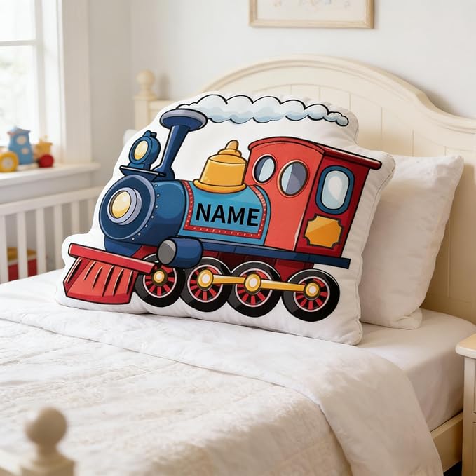 Custom Cartoon Train Pillow with Name Personalized Train Shaped Pillow Customized Cartoon Steam Locomotive Soft Plush Pillow for Room Decor for Birthday Christmas