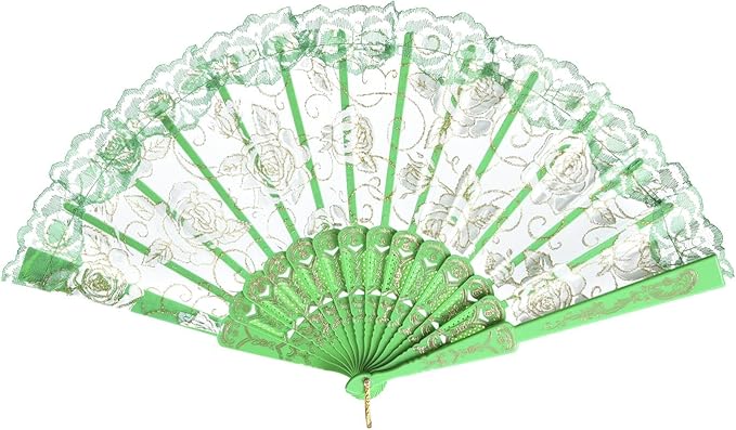 QIRMIZI 10 Pcs Rose Lace Folding Fans,Silk Folding Hand Fans, Perfect for Weddings, Parties, and Dancing,Green