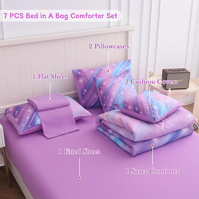 Rainbow Bedding Set Queen Size – 6-Piece Reversible Girls Comforter with Deep-Pocket Sheet, Gradient Galaxy Design, Whole-Piece Filling, Machine Washable Bed-in-a-Bag for Kids Room Makeover & Gifts