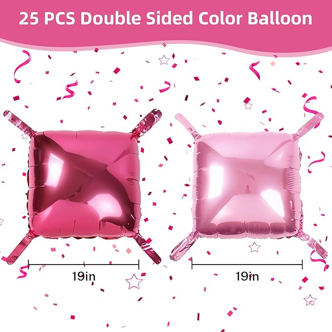 Hot Pink Square Foil Balloon Wall, 25 PCS Double Sided Balloons Flat Hot Magenta Pink Square Balloon Backdrop for Girls Women Bachelorette Anniversary Birthday Party Decoration