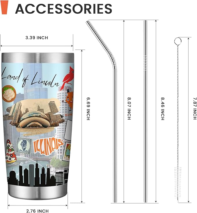 20oz Insulated Tumbler Illinois State Coffee Mug, United States Map Travel Mug Landmark, Birthday Gifts Cute Custom Tumbler Cups with Lid and Straw Mothers Day Gifts