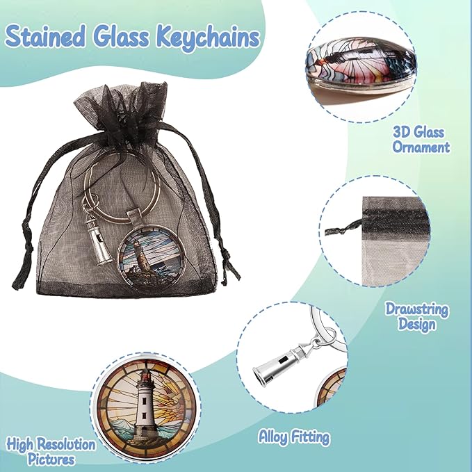 12 Pack 3D Glass Stained Glass Keychain, Car Key Ring Pendant Key Chains for Handbag Bag, Earphone Case Decoration