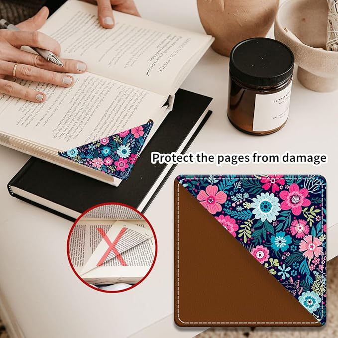 Cute Leather Bookmarks, Fun Triangle Making Corner Bookmark, Book Accessories for Reading Book Lovers, Unbreakable Page Markers for Women Men Cute Purple Flowers