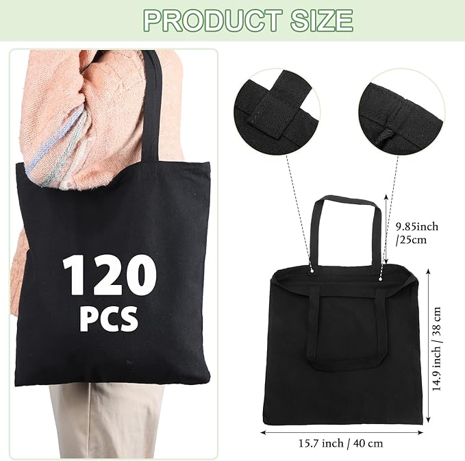 Roowest 120 Pieces Cotton Tote Bag Bulk 15 x 16 Inch Blank Canvas Tote Bags Reusable with Long Handle for Women Men DIY(Black)