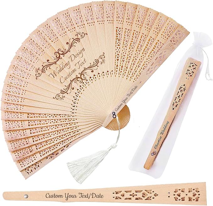Personalized Wedding Fans for Guests Custom Wooden Folding Handheld Fans Bulk with Organza Bags Tassels for Wedding Graduation Party (200)