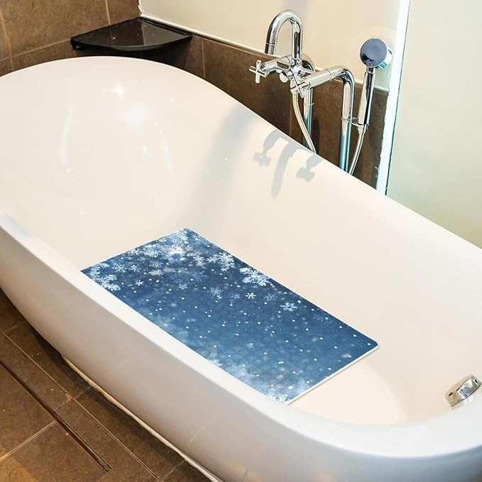 Non Slip Bath Mat for Tub, 15.1 x 26.8 Inch Bathtub Mat Machine Washable Shower Mat with Drain Holes and Suction Cups, Christmas Winter Snowfall White Snowflakes Blue Background
