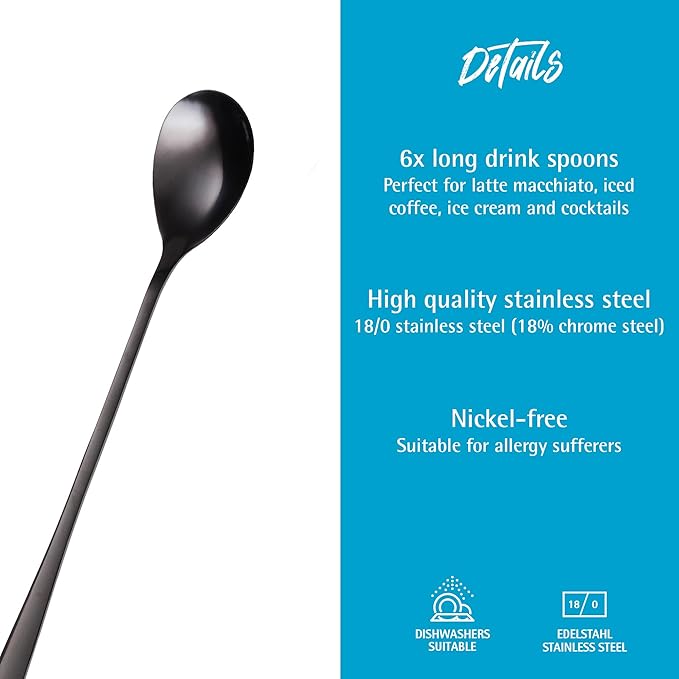 GRÄWE Long Handle Iced Tea Spoon, Coffee Spoon, Ice Cream Spoon, Spoons for desserts, Stainless Steel, Cocktail Stirring Spoons, Set of 6, Dishwasher Safe, Black